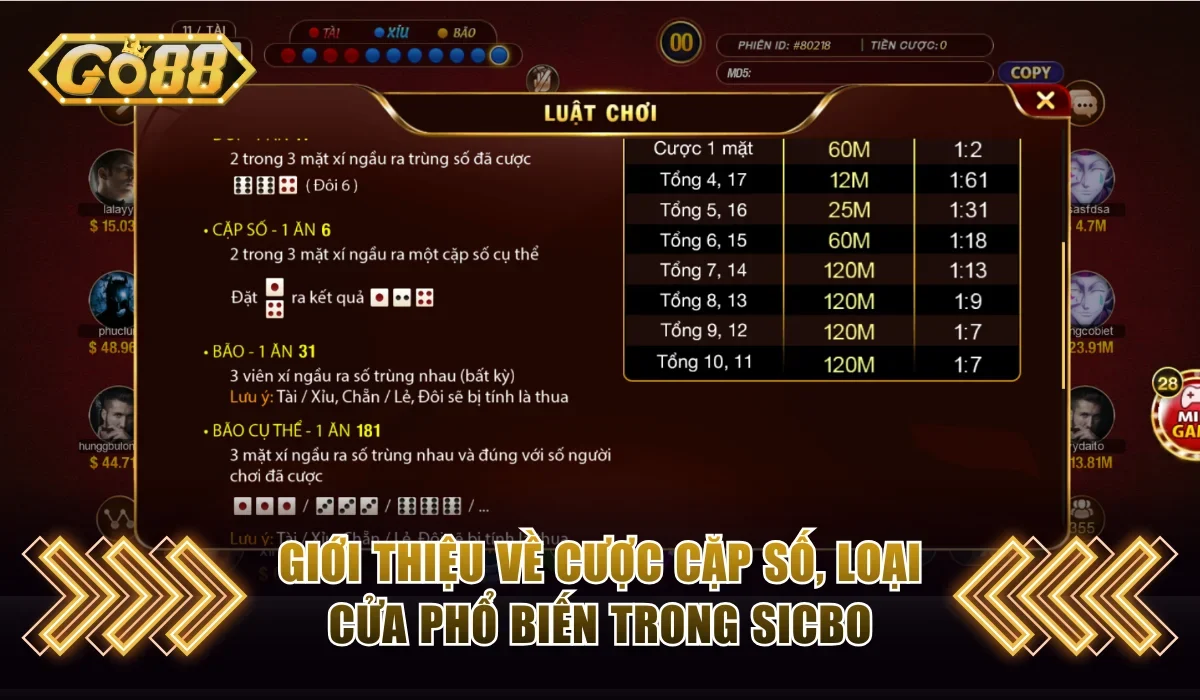 Giới thiệu về cược cặp số, loại cửa phổ biến trong sicbo